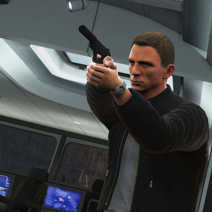 Shot of James Bond looking down his gun towards the camera