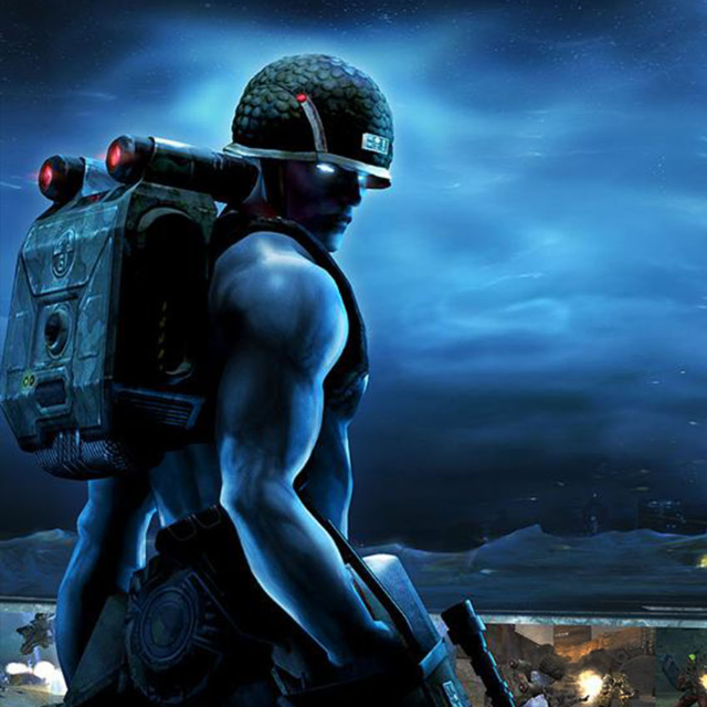 Screenshot of Rogue Trooper at 3/4 view, looking over his right shoulder towards the war on Nu Earth